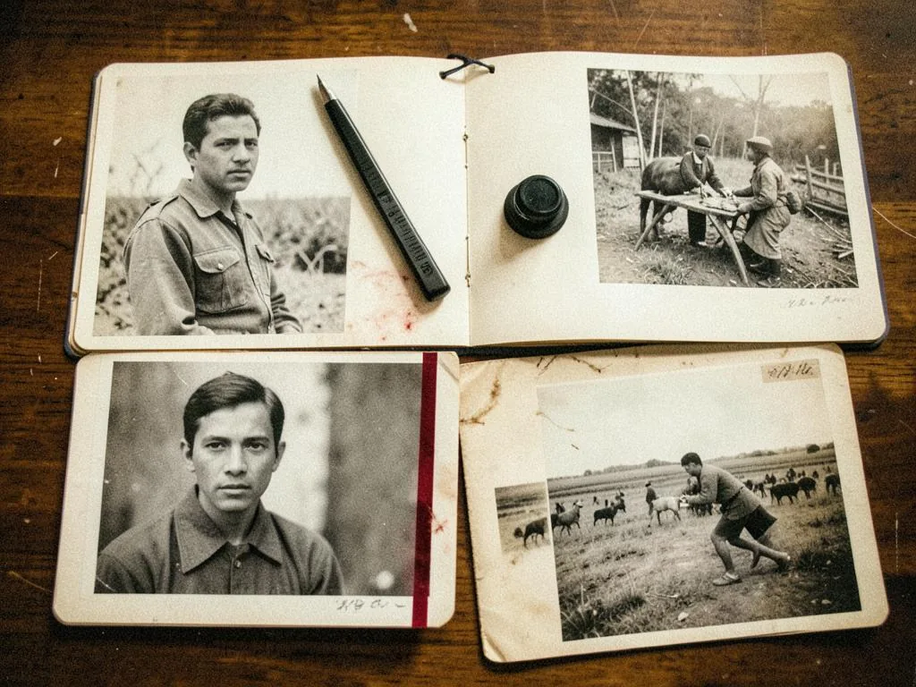 Mesa de pesquisa documental com fotografias e cadernos