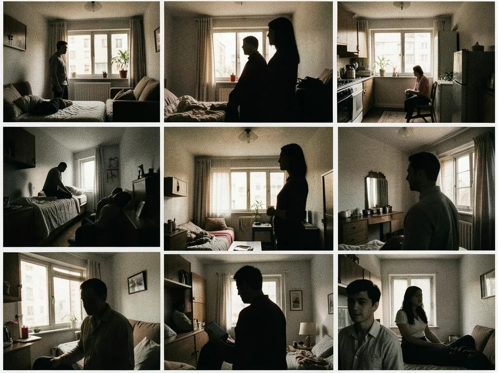 Sequência de frames cinematográficos mostrando personagens em um apartamento